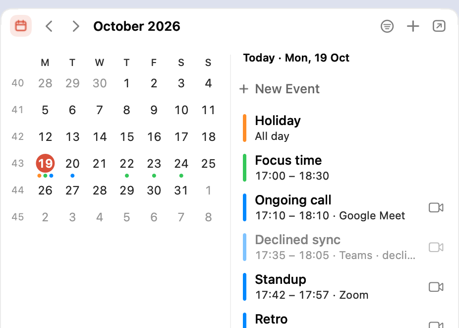 The Calendar column: October with today marked, and today's events with their video calls