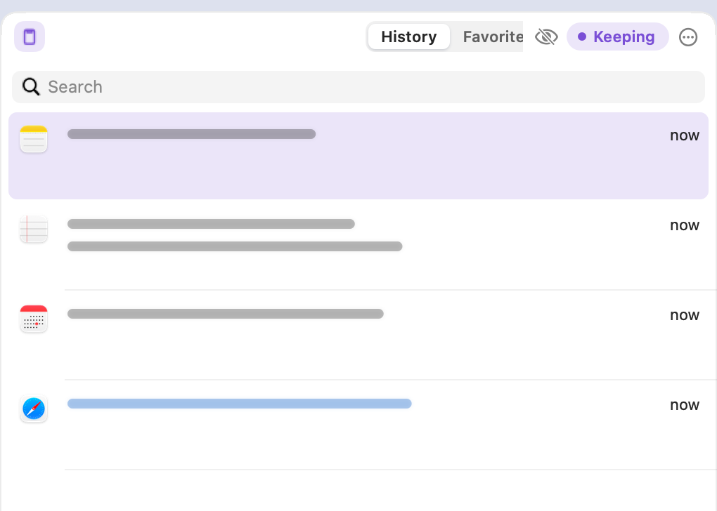The Clipboard column with a search field and its clips hidden as soft bars until you point at one