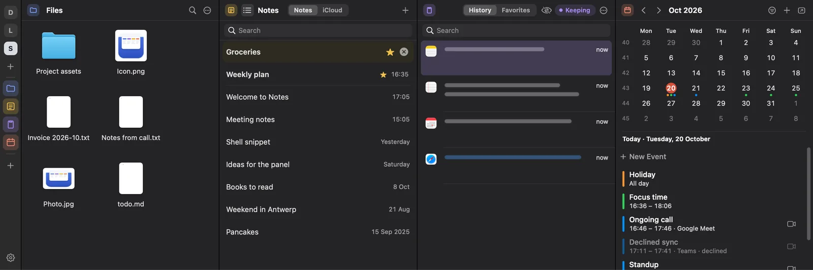 The panel in dark, edge to edge: columns side by side with fine lines