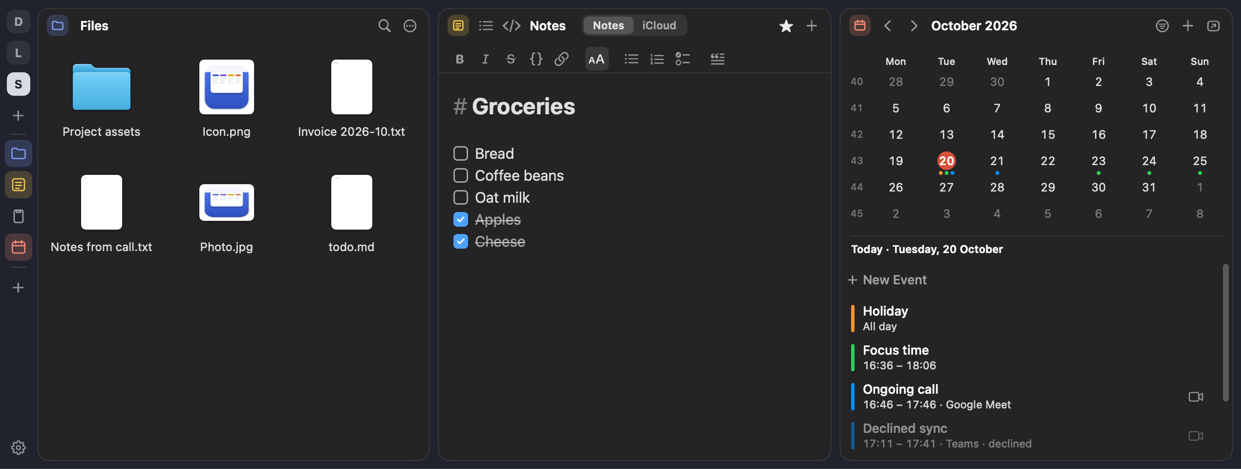 The panel in dark mode, with files, a note and the calendar