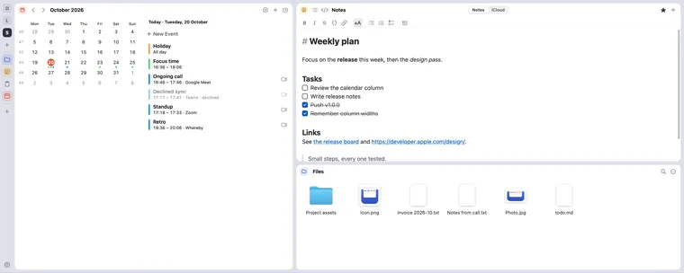The calendar on the left, a note and files stacked on the right