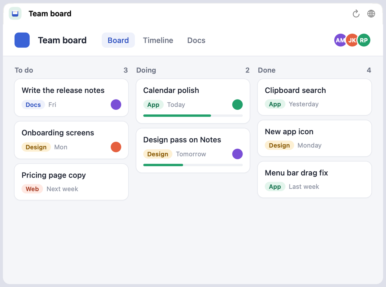 A team board with to do, doing and done cards, as a column