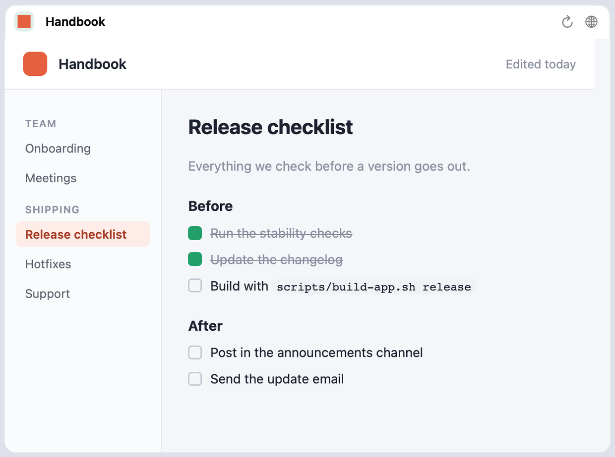 A handbook page with a release checklist, as a column