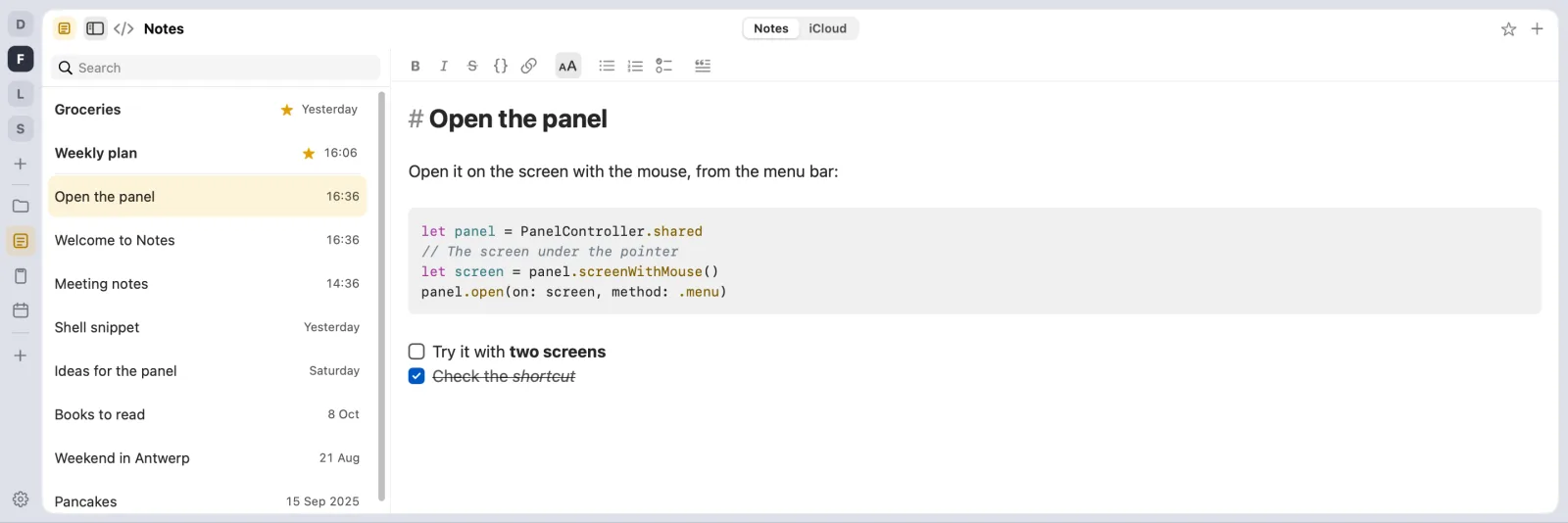 The Focus profile: only Notes, the list beside a note with Swift code in colour