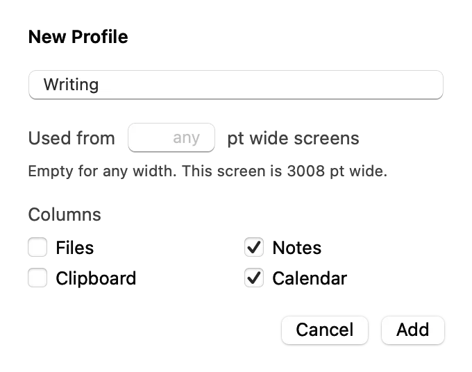 New Profile: a name, from which screen width it is used, and a box for each column
