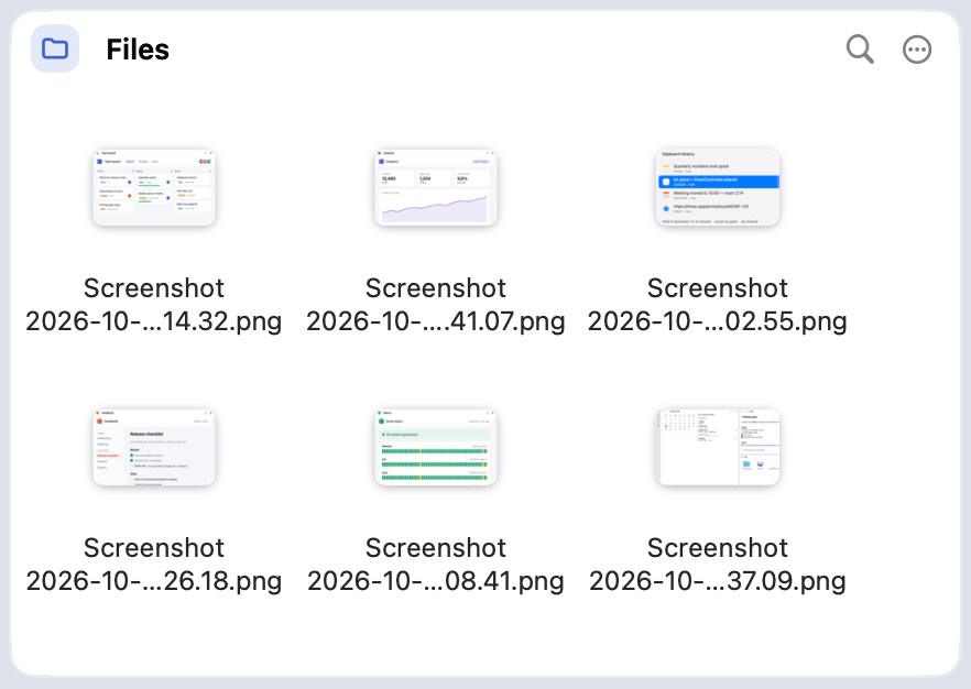 The Files column with six screenshots, ready to drag into another app
