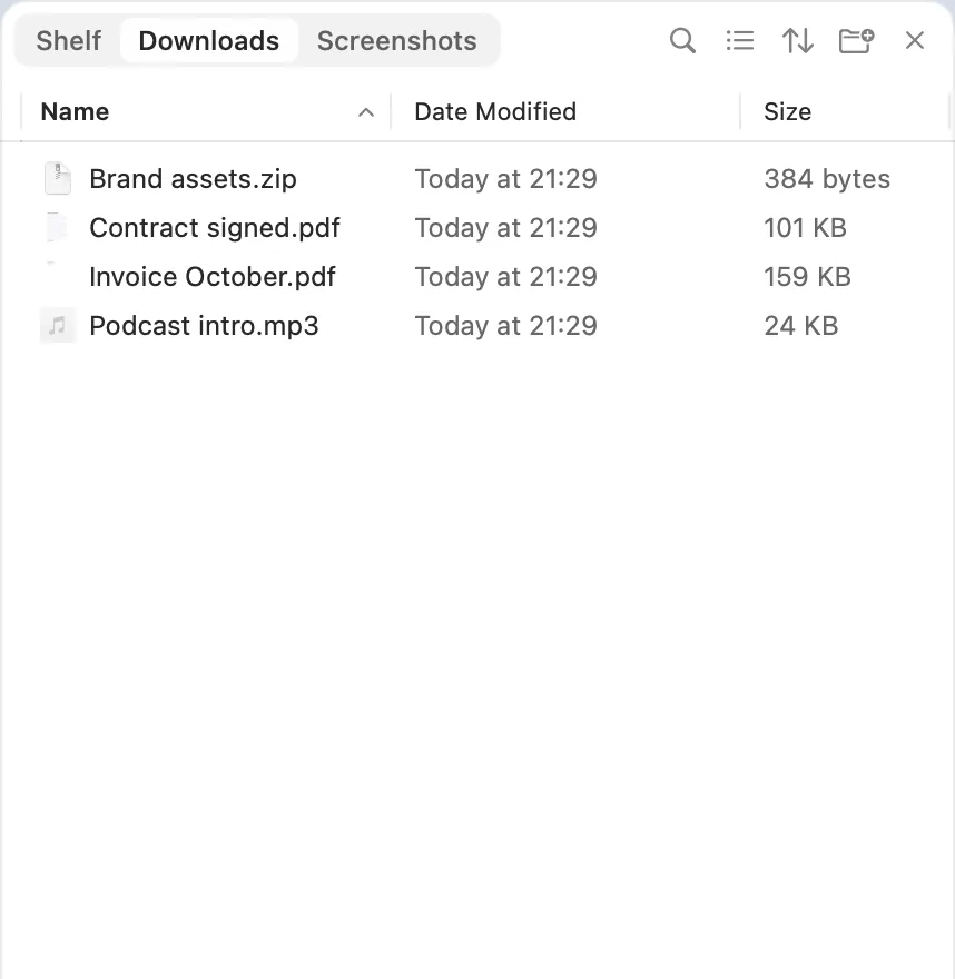 The Downloads tab in Files, as a list