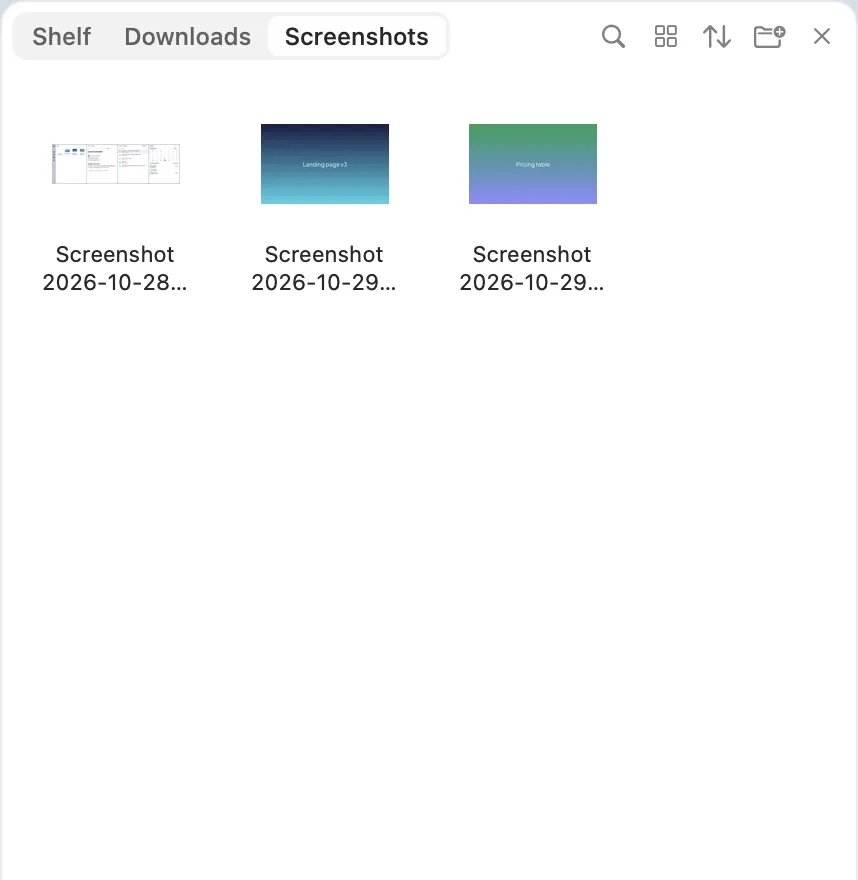 The Screenshots tab in Files, with three screenshots ready to drag