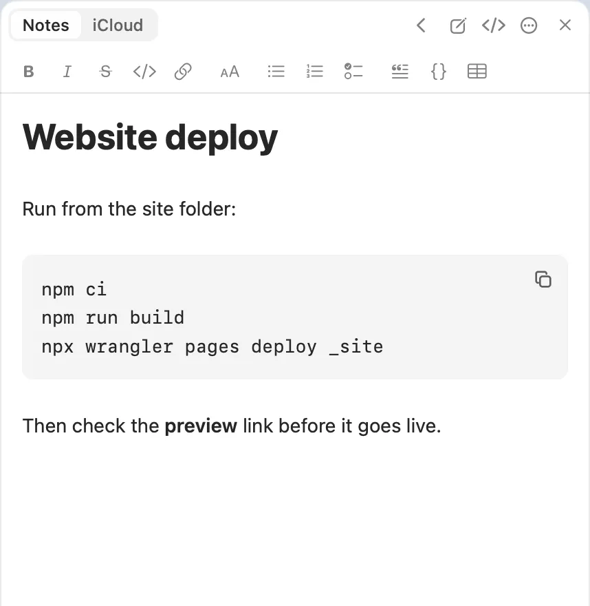 A note with a code block and its copy button