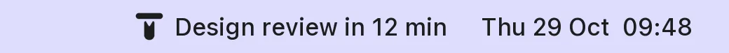The menu bar: Tuckaroo's icon with “Design review in 12 min” beside it, then the clock