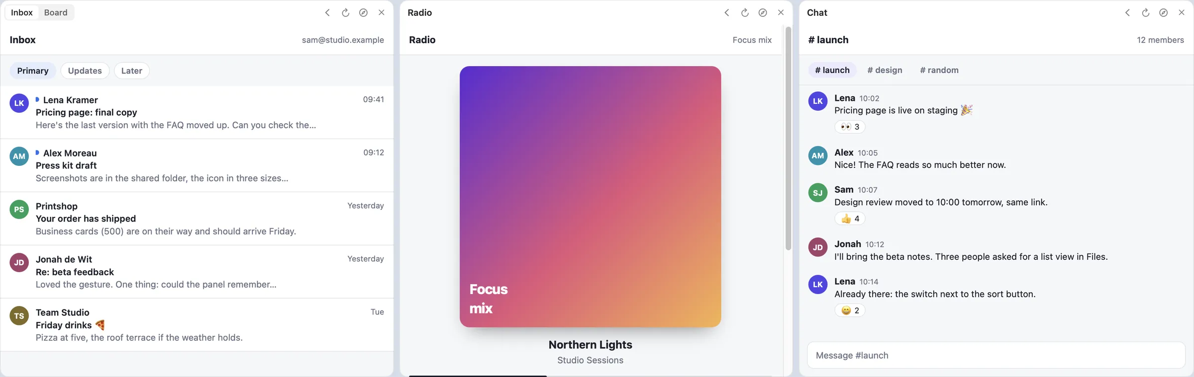 Three web apps side by side: an inbox (with a board as a second tab), a radio player and a team chat