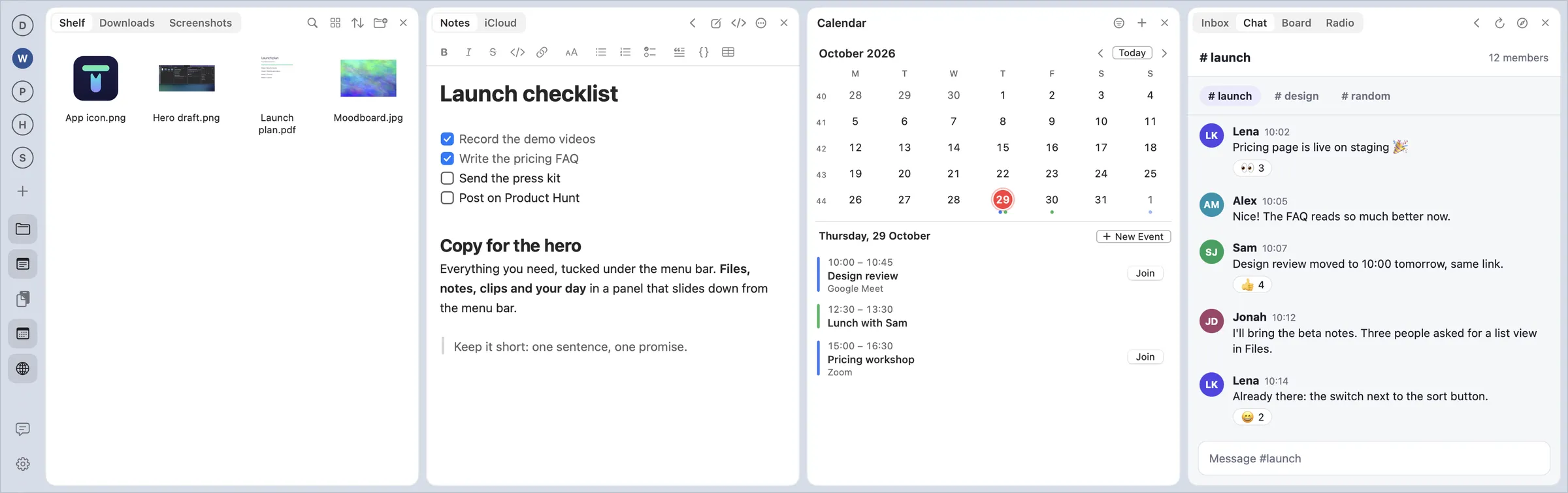 The Work profile: Files, Notes, the team chat and Calendar