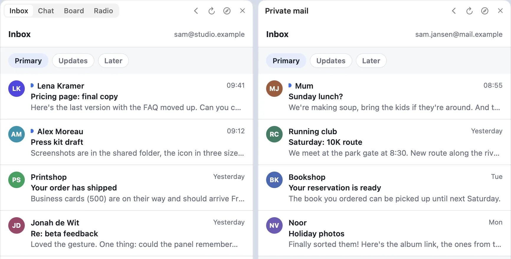 Two mail accounts side by side, each signed in